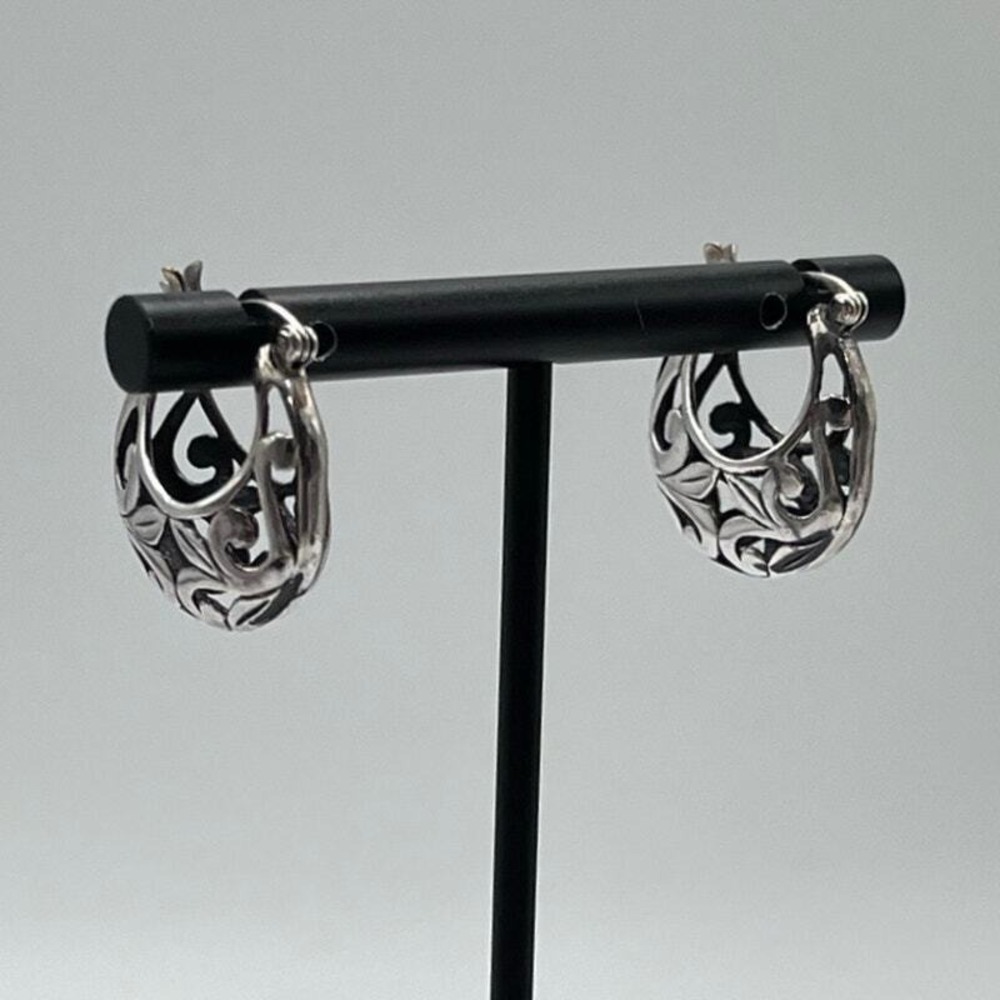 Vintage Sterling Silver Open Cutout Floral Filigree Scrolling Hoop Earrings